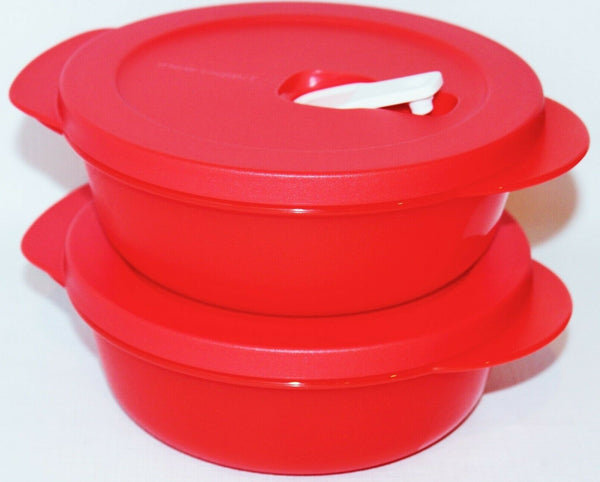 TUPPERWARE CRYSTALWAVE 2 MICROWAVABLE CONTAINERS 2.5-C ROUND REHEATING BOWLS RED w/ SNOW WHITE VENTED SEAL