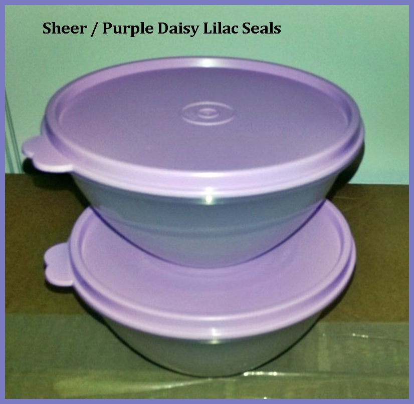 TUPPERWARE 2 Mini 2-cup Wonderlier Nesting Mixing Bowls w/ Purple Daisy Lilac Tabbed Seals - Plastic Glass and Wax ~ PGW