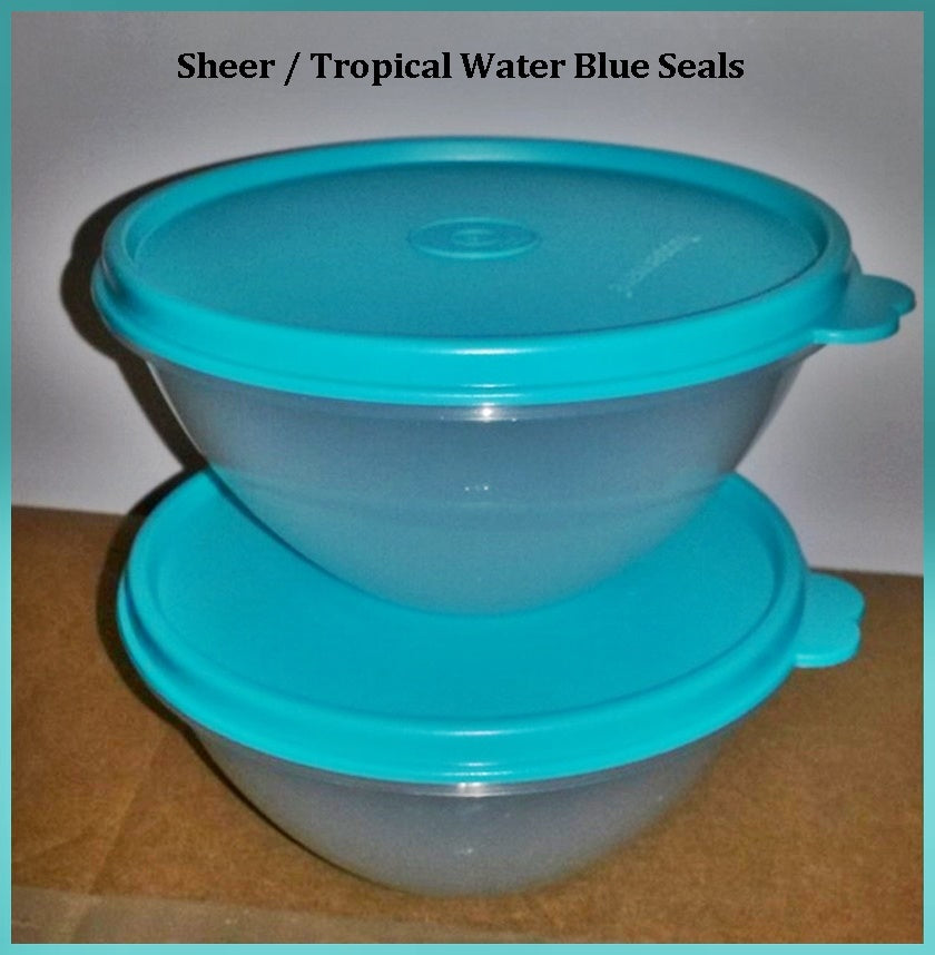 TUPPERWARE 2 Mini 2-cup Wonderlier Nesting Mixing Bowls w/ Tropical Water Blue Tabbed Seals - Plastic Glass and Wax ~ PGW