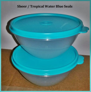 TUPPERWARE 2 Mini 2-cup Wonderlier Nesting Mixing Bowls w/ Tropical Water Blue Tabbed Seals - Plastic Glass and Wax ~ PGW