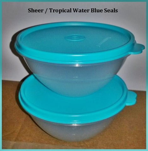 TUPPERWARE 2 Mini 2-cup Wonderlier Nesting Mixing Bowls w/ Tropical Water Blue Tabbed Seals - Plastic Glass and Wax ~ PGW