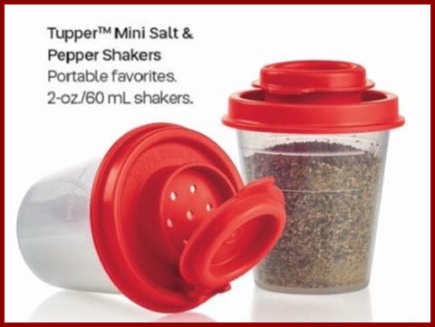 TUPPERWARE TUPPER MINI MIDGET SALT & PEPPER SHAKER SET SHEER & POPPY RED NEW - Plastic Glass and Wax ~ PGW