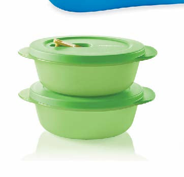 TUPPERWARE CRYSTALWAVE 2 MICROWAVE CONTAINERS 2.5-C ROUND REHEATING BOWLS MIDORI LIME w/ YELLOW VENTED SEAL