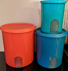 TUPPERWARE 3 Pc Classic COLORED REMINDER Canister Set ~ Papaya ~ Teal ~ Green Canisters - Plastic Glass and Wax