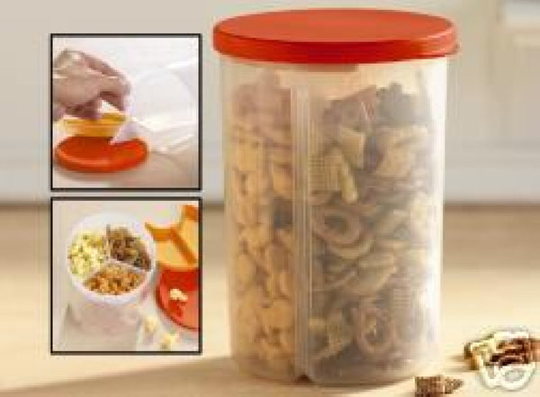 TUPPERWARE 3 IN 1 THREE N ONE DIVIDED STORAGE Canister Container W/ TOUCAN TEAL SEALS - Plastic Glass and Wax