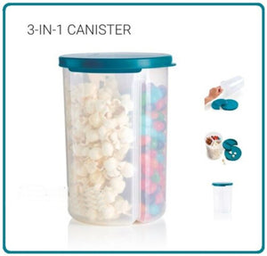 TUPPERWARE 3 IN 1 THREE N ONE DIVIDED STORAGE Canister Container W/ TOUCAN TEAL SEALS - Plastic Glass and Wax