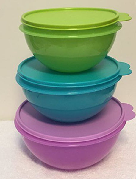 TUPPERWARE 3 Wonderlier Nesting Mixing Bowls 6-c Salsa Verde 8.75-c Tropical 12-c Purple - Plastic Glass and Wax ~ PGW