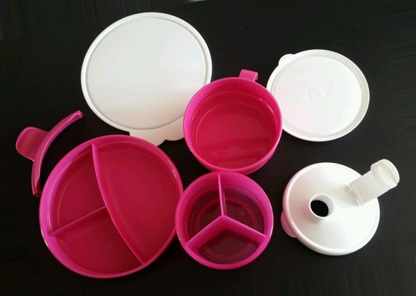 TUPPERWARE BABY STAGES 3 PIECE FUN FEEDING SET FUCHSIA KISS or AQUA TEAL