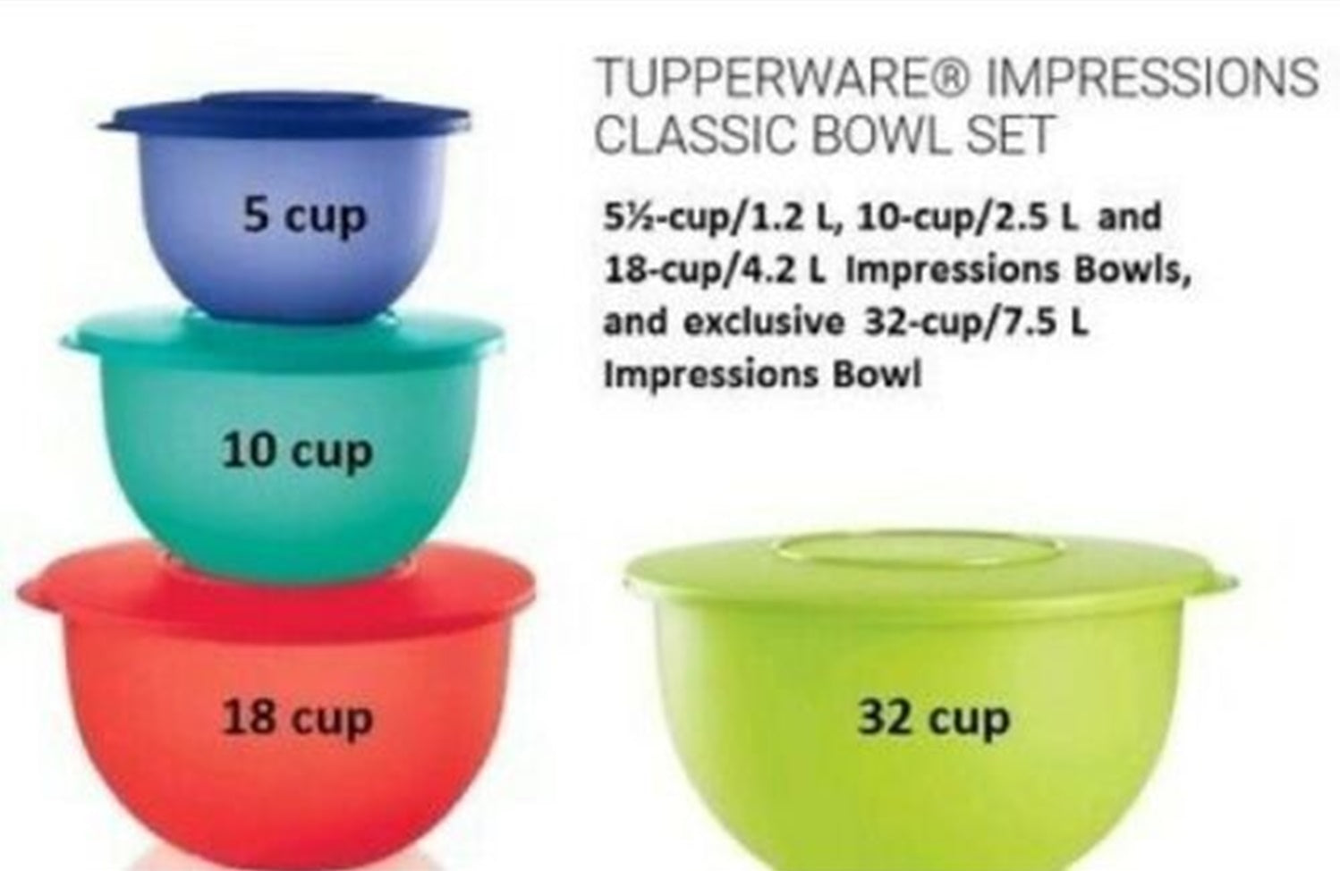 TUPPERWARE 4 IMPRESSIONS BOWLS 32-c Salsa Verde ~ 18-c Red ~ 10-c Teal ~ 5.5-c Blue - Plastic Glass and Wax ~ PGW