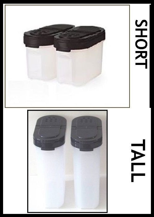 TUPPERWARE MODULAR MATES SPICE SHAKER SET BLACK 4 Shakers ~ 2 Tall Large & 2 Short Small - Plastic Glass and Wax