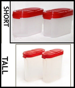 TUPPERWARE MODULAR MATES SPICE SHAKER SET 4 RED Shakers ~ 2 Tall Large & 2 Short Small - Plastic Glass and Wax