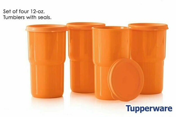 TUPPERWARE 4-pc ORANGE 12-oz TABLETOP TAPERED TUMBLERS w/ ORANGE ROUND SEALS