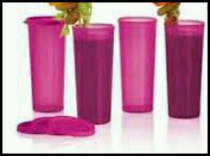 Tupperware 16-oz  NESTING STRAIGHT SIDED TUMBLERS 4 FUCHSIA KISS PINK w/ SEALS - Plastic Glass and Wax