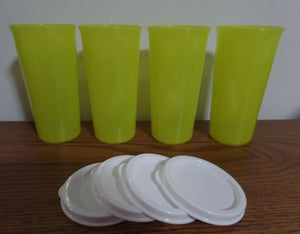 TUPPERWARE 4-pc SET 9-oz MARGARITA STRAIGHT SIDED TUMBLERS w/ SNOW WHITE ROUND SEALS - Plastic Glass and Wax