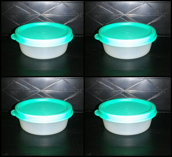 TUPPERWARE MINI SNACK CUPS BOWL SET OF 4 SHEER BOWLS w/ TEAL SEALS