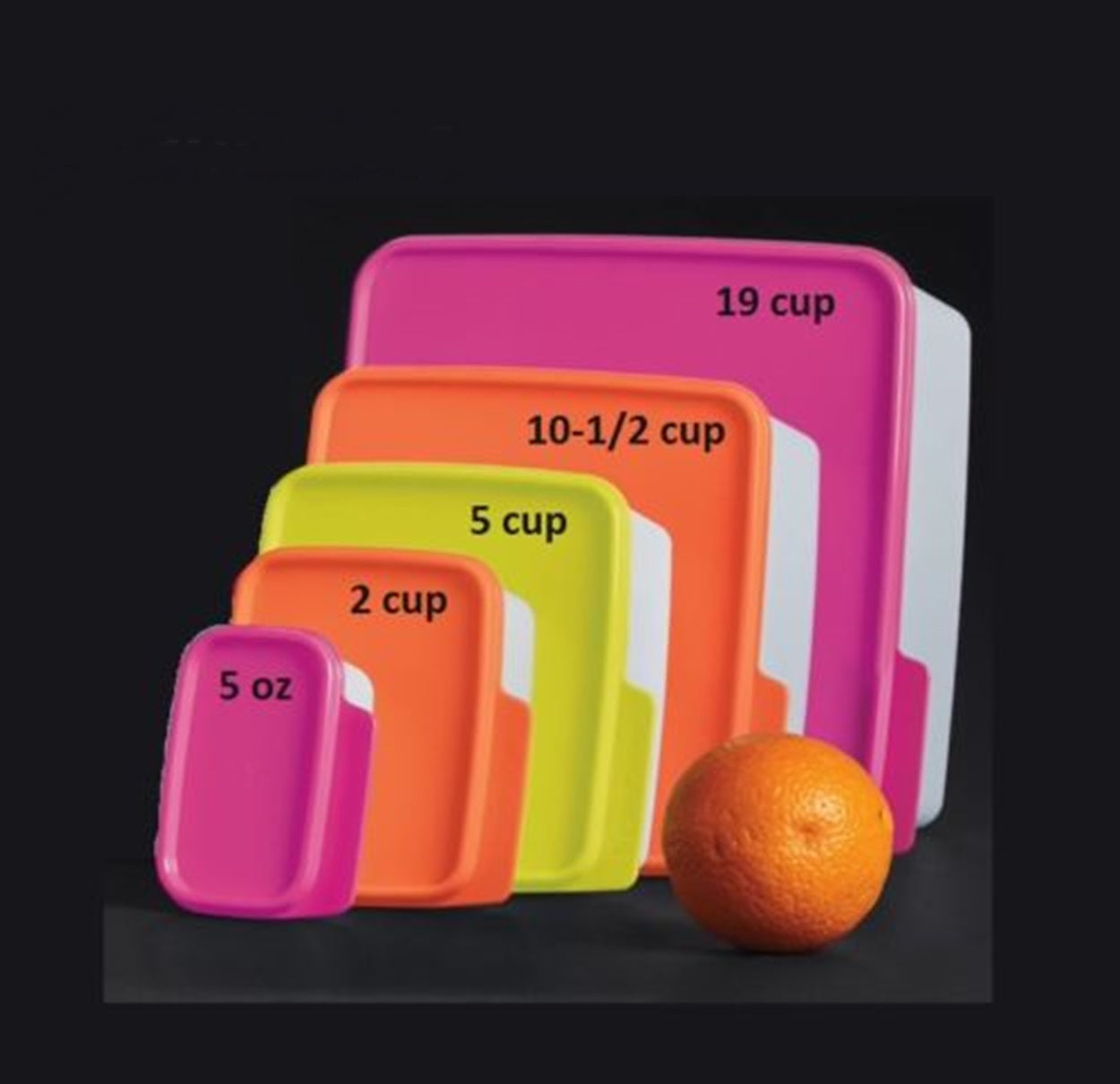 TUPPERWARE KEEP TABS 5-PC SET SQUARE STORAGE CONTAINERS w/ ELECTRIC NEON COLORED TABBED SEALS
