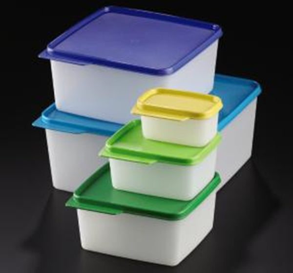 TUPPERWARE KEEP TABS 5-PC SET SQUARE STORAGE CONTAINERS w/ ORIGINAL COLORED TABBED SEALS