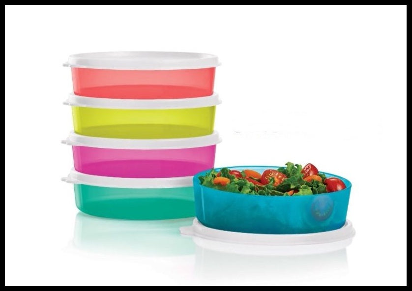 TUPPERWARE 1.5-C MEDIUM WONDERS BOWL SET OF 5 COLORED BOWLS w/ SNOW WHITE TABBED SEALS