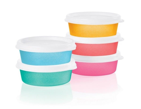 TUPPERWARE MINI SNACK CUPS BOWL SET OF 5 COLORED BOWLS w/ SNOW WHITE TABBED SEALS - Plastic Glass and Wax