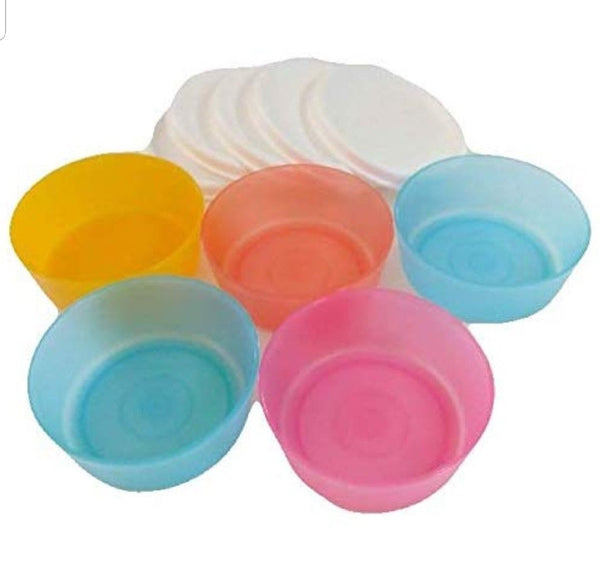TUPPERWARE MINI SNACK CUPS BOWL SET OF 5 COLORED BOWLS w/ SNOW WHITE TABBED SEALS - Plastic Glass and Wax