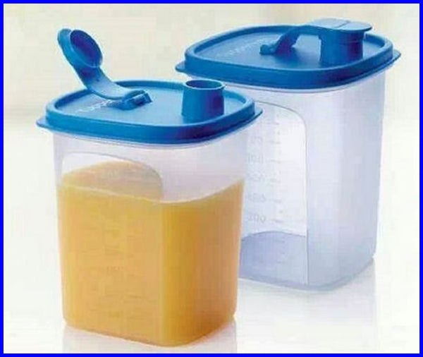 Tupperware TWO (2) 1-1/4-cup / 8-oz SLIM LINE SQUARE ROUND MINI MEASURE PITCHER BEVERAGE TUMBLER - Plastic Glass and Wax