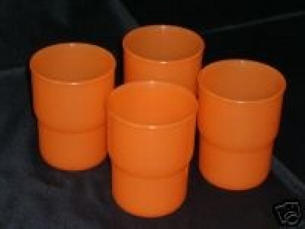 TUPPERWARE 4-pc ORANGE 12-oz TABLETOP TAPERED TUMBLERS w/ ORANGE ROUND SEALS