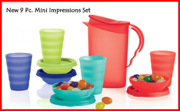 TUPPERWARE KID'S MINI IMPRESSIONS 9-pc SERVING SET w/ PITCHER CUPS BOWLS NEW COLORS - Plastic Glass and Wax