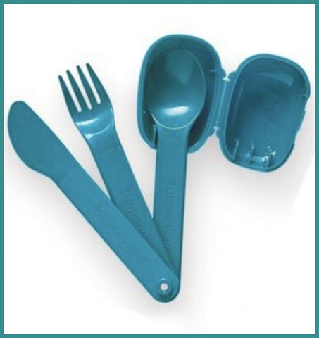 Tupperware ON THE GO ALL IN ONE CUTLERY SET w/ Travel Case IN PEACOCK TEAL