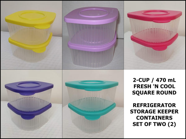 TUPPERWARE TWO 2-cup Sheer Fresh N Cool Square Round Storage Containers Keepers Blueberry Mist - Plastic Glass and Wax