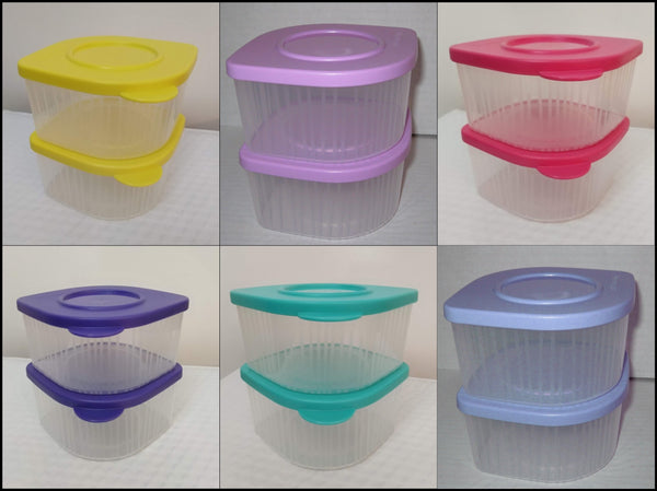 TUPPERWARE 2-Pc Sheer Fresh N Cool TALL Square Round Storage Containers Keepers BLUEBERRY MIST Seals