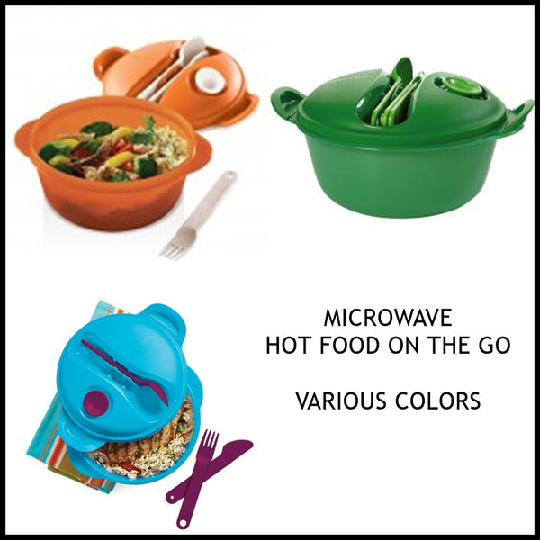 Tupperware ONE (1) MICROWAVE HOT LUNCH FOOD ON THE GO W/ UTENSILS BLUE & RHUBARB - Plastic Glass and Wax ~ PGW