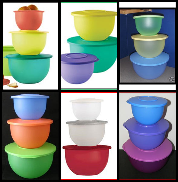 TUPPERWARE 3 IMPRESSIONS BOWLS 18-c Ice Cube (Lt Blue) ~ 10-c Sun Kissed Yellow ~ 5.5-c Papaya Orange