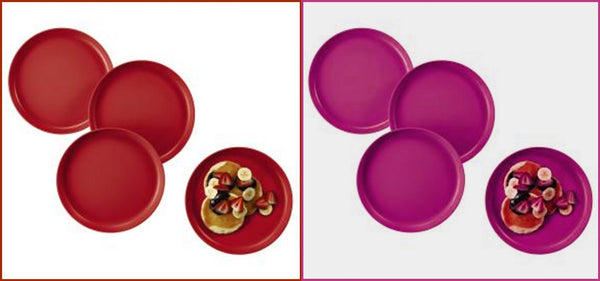 TUPPERWARE LARGE ROUND 9.5" HIGH RIMMED NO SPILL PARTY PLATES HOLIDAY RED - Plastic Glass and Wax