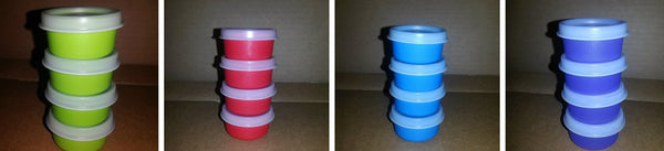 TUPPERWARE TUPPER MINI SMIDGET PILL KEEPER SET of FOUR 4 COLORED 1-OZ SMIDGETS w/ SEALS - Plastic Glass and Wax ~ PGW