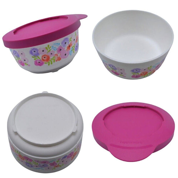 TUPPERWARE ART OF SPRING 4 ROUND SNACK BOWLS PINK SNAP-TOGETHER SEALS 6-oz NEW