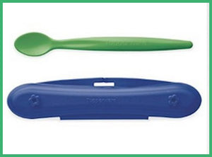 Tupperware Infant Baby Toddler Long Green Teething Feeding Spoon with Blue Travel Case