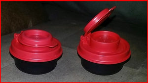 TUPPERWARE TUPPER MINI SMIDGET SALT & PEPPER SHAKER SET BLACK w/ RED FLIP TOP SHAKERS - Plastic Glass and Wax ~ PGW