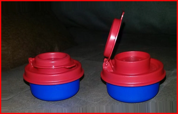 TUPPERWARE MINI SMIDGET SALT & PEPPER SHAKER SET SILVER w/ RED FLIP TOP SHAKERS - Plastic Glass and Wax ~ PGW