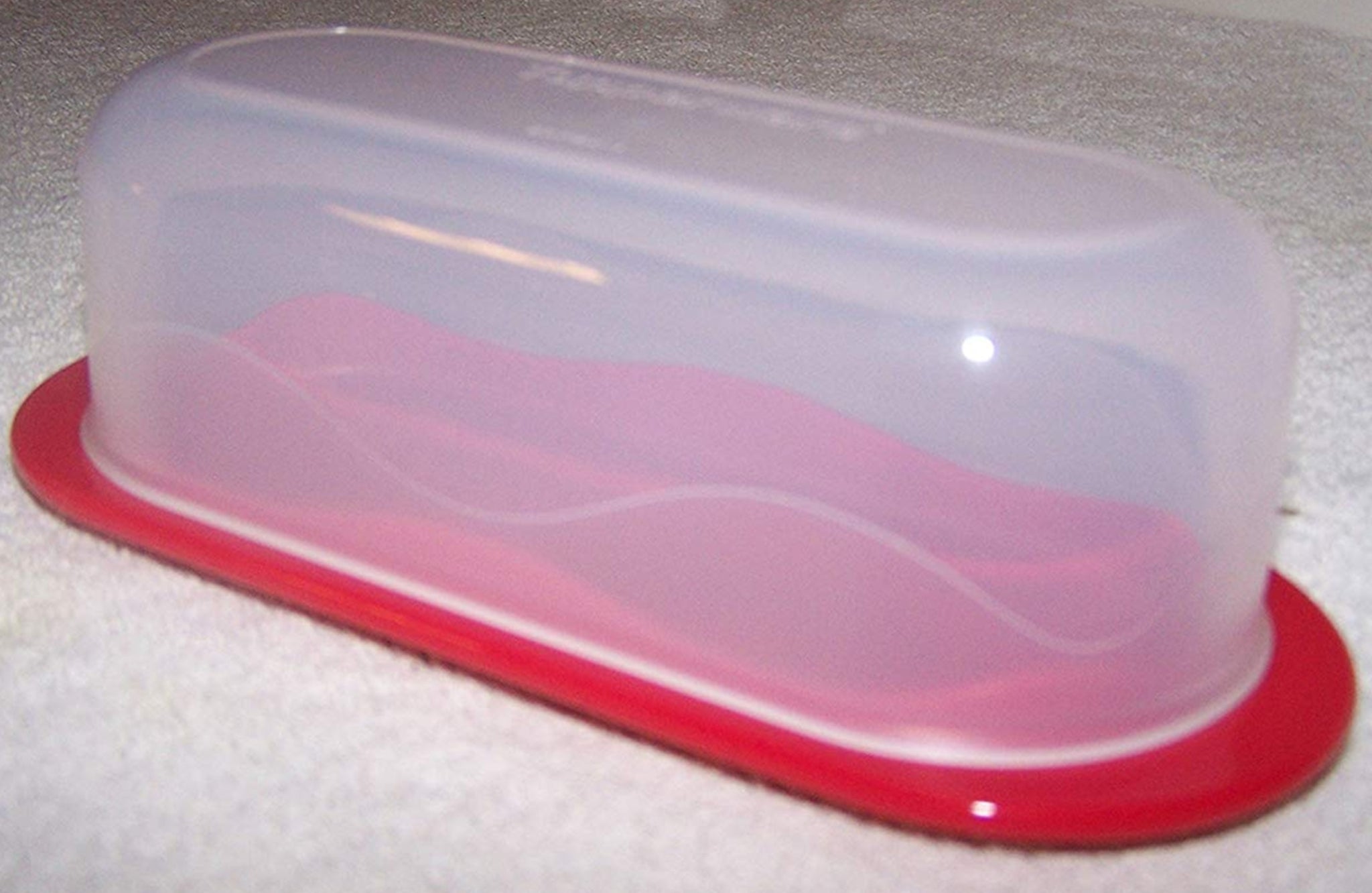 TUPPERWARE OPEN HOUSE 2-PC SHEER / POPPY RED SINGLE STICK BUTTER KEEPER STORAGE - Plastic Glass and Wax