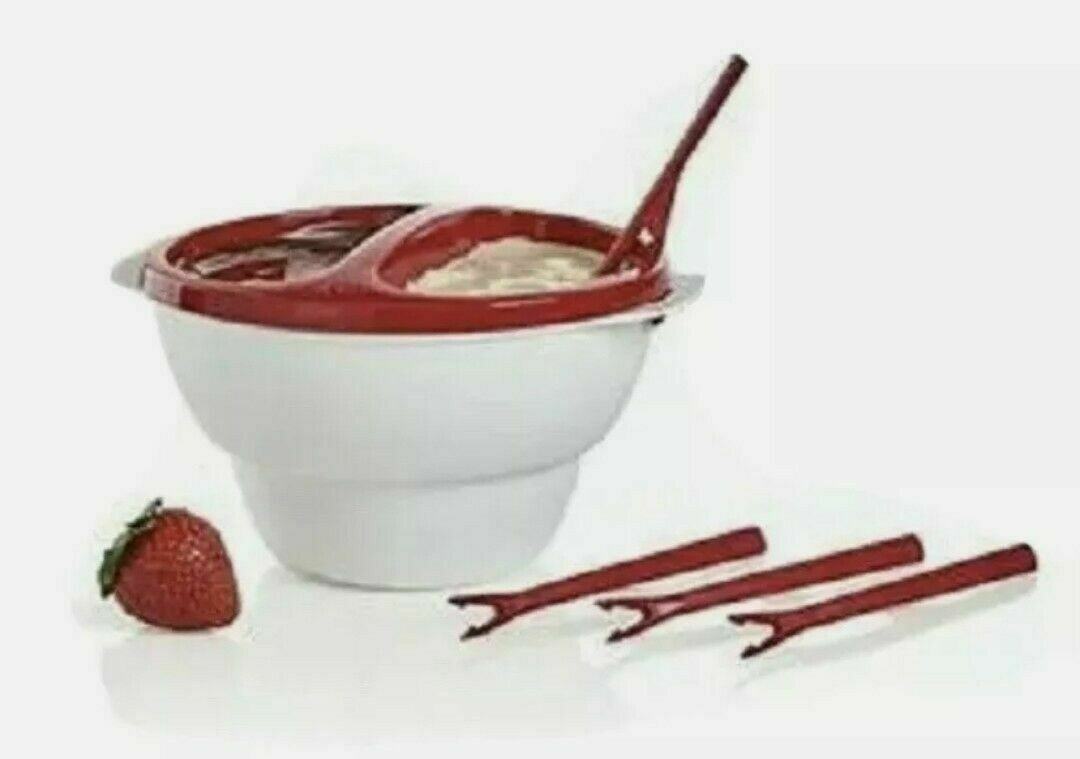 Tupperware DOUBLE DIP CHIC FONDUE Microwave Dipper Set w/ 4 Forks Red & Snow White