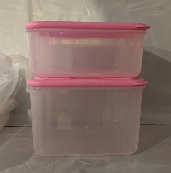 Tupperware SET of TWO Sheer Clear Mates Square MEDIUM 2 & 3 w/ PINK PUNCH Seals