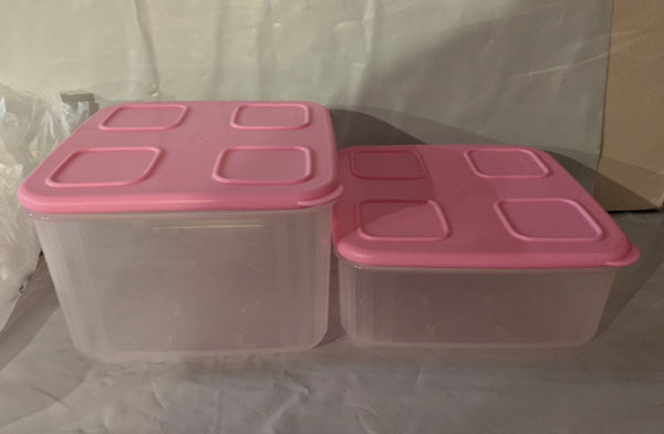 Tupperware SET of TWO Sheer Clear Mates Square MEDIUM 2 & 3 w/ PINK PUNCH Seals