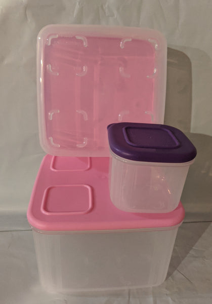 Tupperware SET of TWO Sheer Clear Mates Square MEDIUM 2 & 3 w/ PINK PUNCH Seals