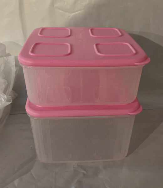 Tupperware SET of TWO Sheer Clear Mates Square MEDIUM 2 & 3 w/ PINK PUNCH Seals
