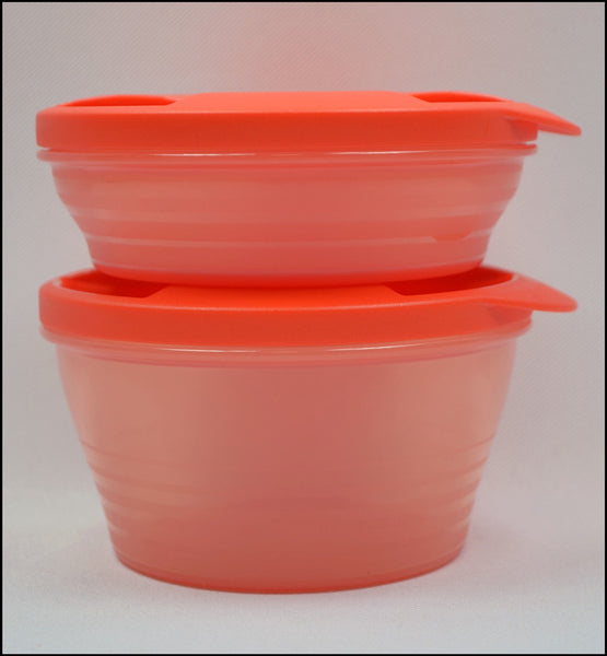 TUPPERWARE SET OF 2 DUO BOWLS w/ INTERLOCKING SNAP TOGETHER SEALS 1-c & 2-c - Plastic Glass and Wax