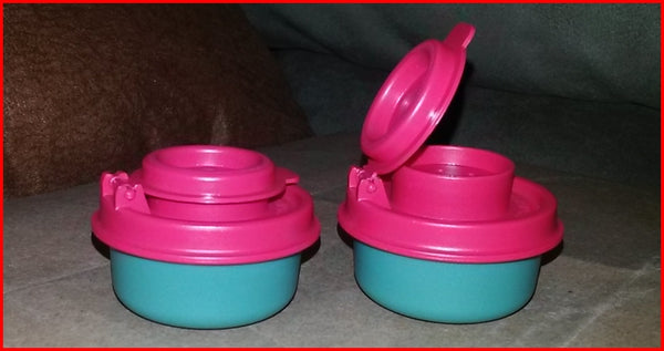 TUPPERWARE MINI SMIDGET SALT & PEPPER SHAKER SET SILVER w/ RED FLIP TOP SHAKERS - Plastic Glass and Wax ~ PGW