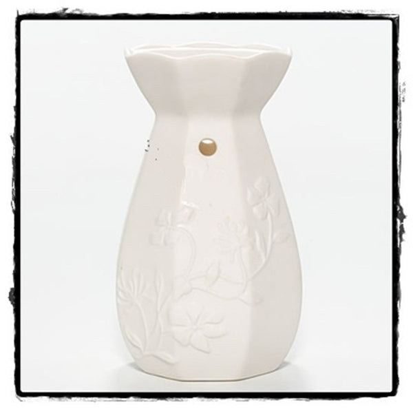 YANKEE CANDLE GLAZED WHITE CERAMIC FLORAL Fragrance Oil Tealight Warmer Diffuser - Plastic Glass and Wax