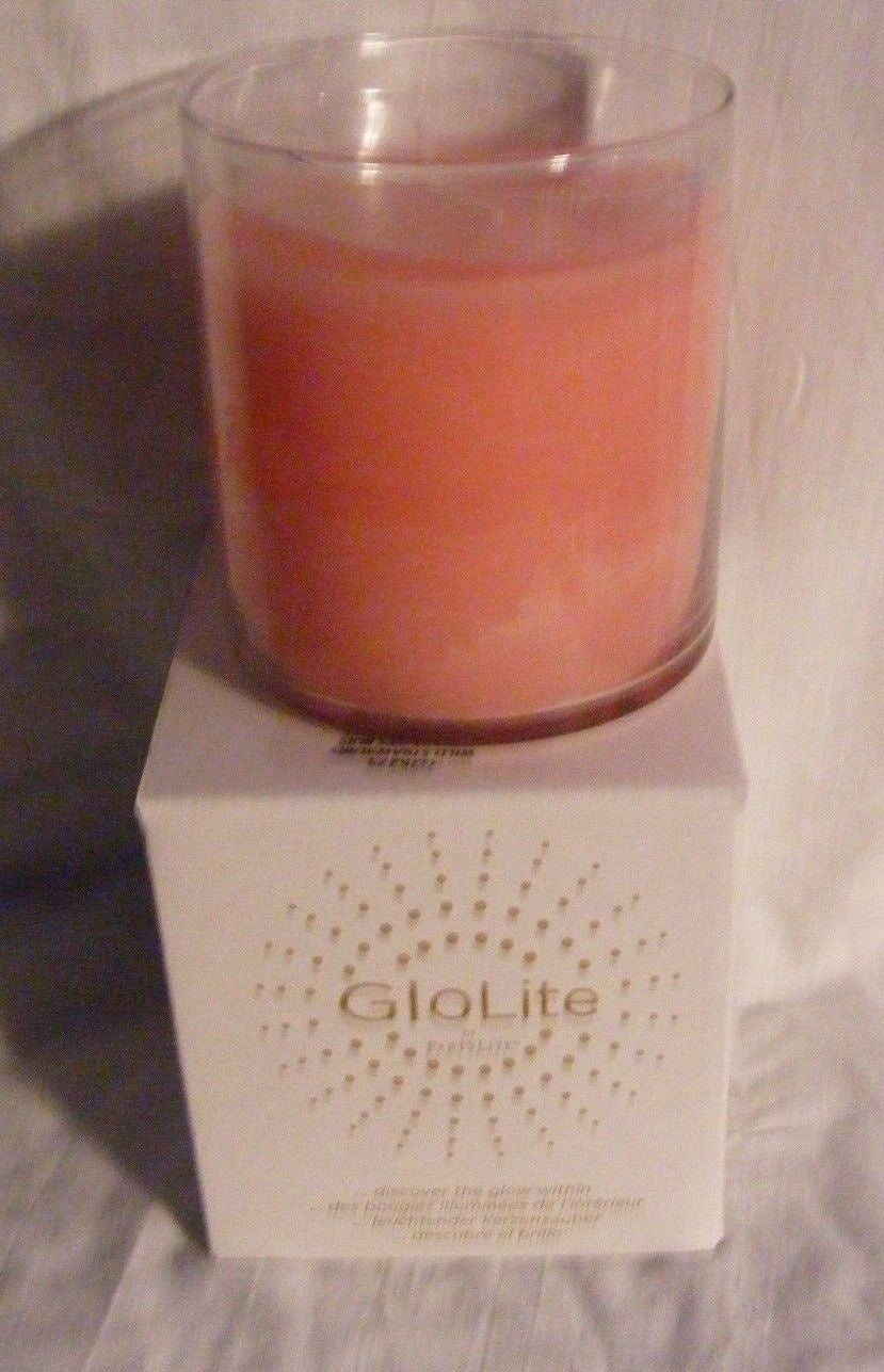PartyLite GLOLITE GLOW LIGHT 2-Wick Round Glass Jar Boxed Candle WILD STRAWBERRY - Plastic Glass and Wax