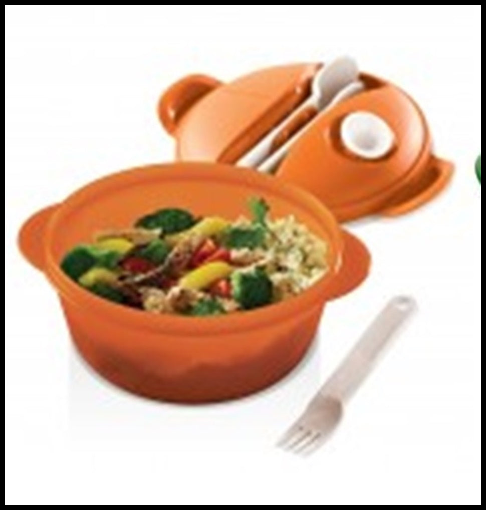 Tupperware ONE (1) MICROWAVE HOT LUNCH FOOD ON THE GO W/ UTENSILS ORANGE & SNOW WHITE - Plastic Glass and Wax