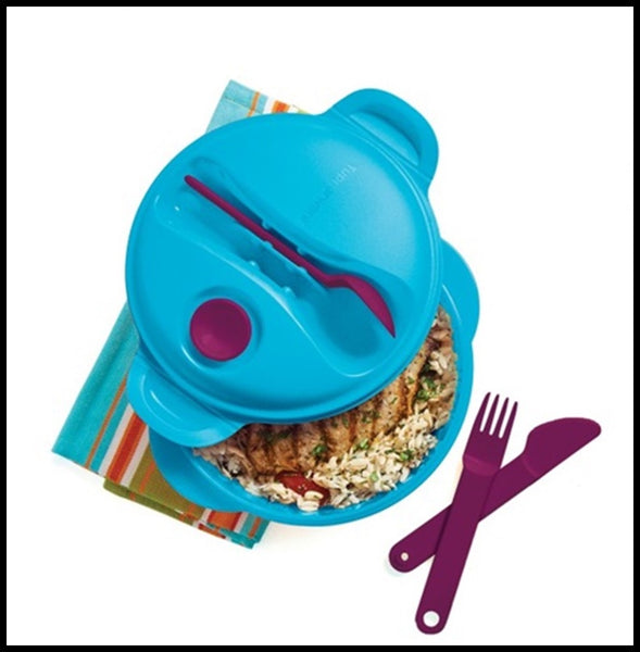Tupperware ONE (1) MICROWAVE HOT LUNCH FOOD ON THE GO W/ UTENSILS BLUE & RHUBARB - Plastic Glass and Wax ~ PGW